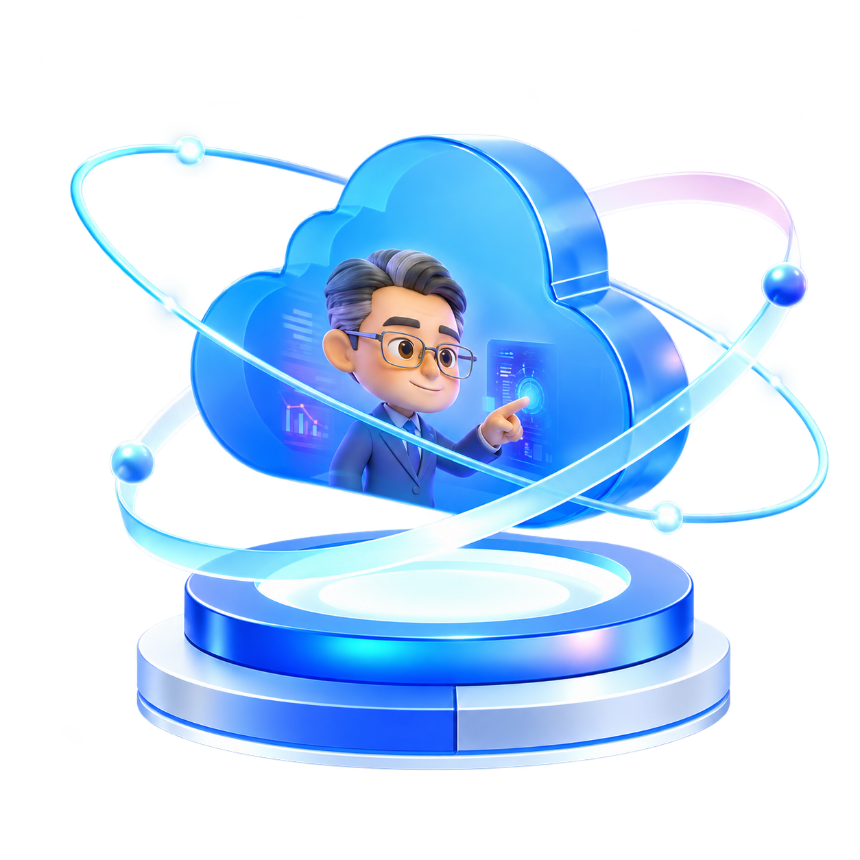 透明背景的老师傅人物、蓝色云朵、光轨与底座 / Master practitioner, blue cloud, orbital lights, and pedestal on a transparent background